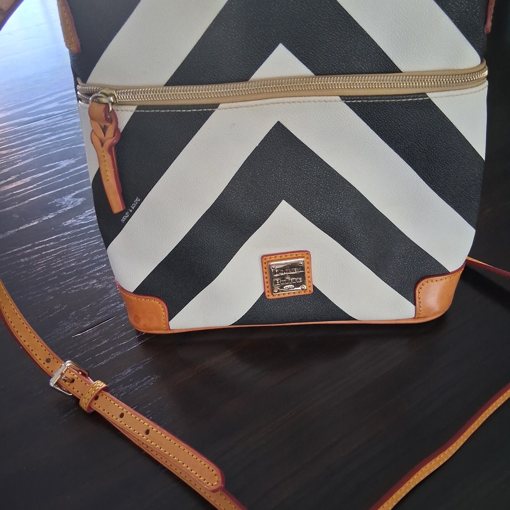 Dooney & Bourke Black and White Chevron Messenger Bag with Tan Accents